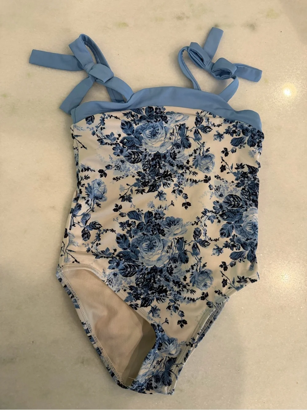 Girls Janie and Jack Blue Floral Bow-Shoulder One-Piece Swimsuit